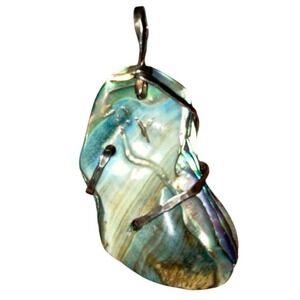 Unique Wire Wrapped Abalone Shell Pendant Necklace Iridescent Ocean Gemstone